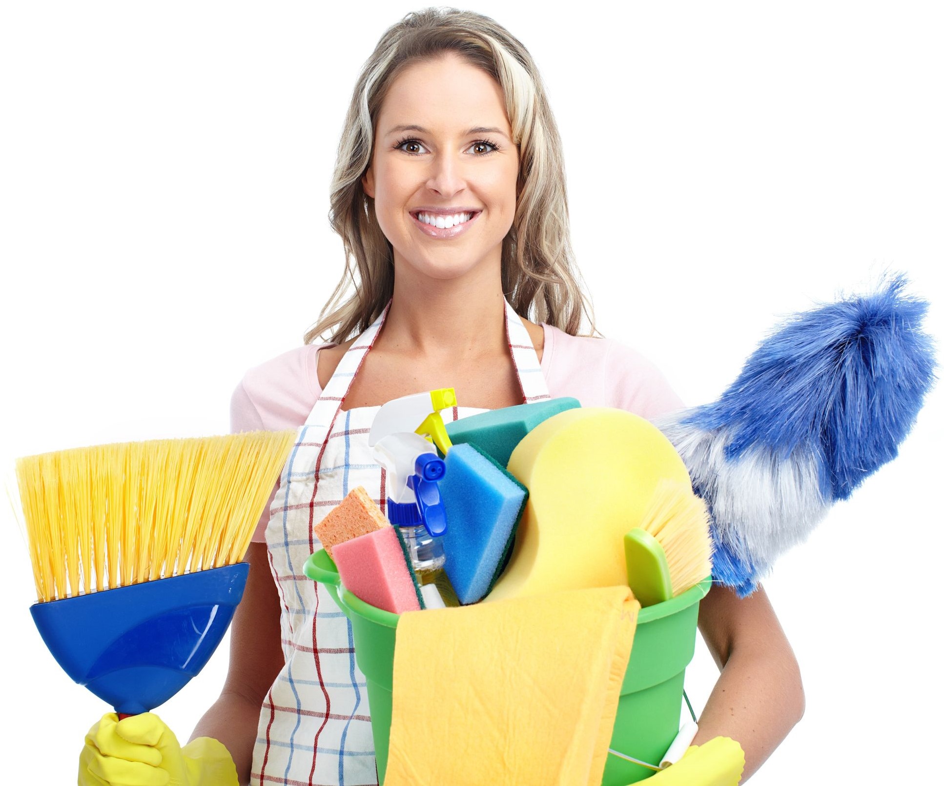 lady with blonde hair and apron holding a bucket of cleaning supplies and a broom